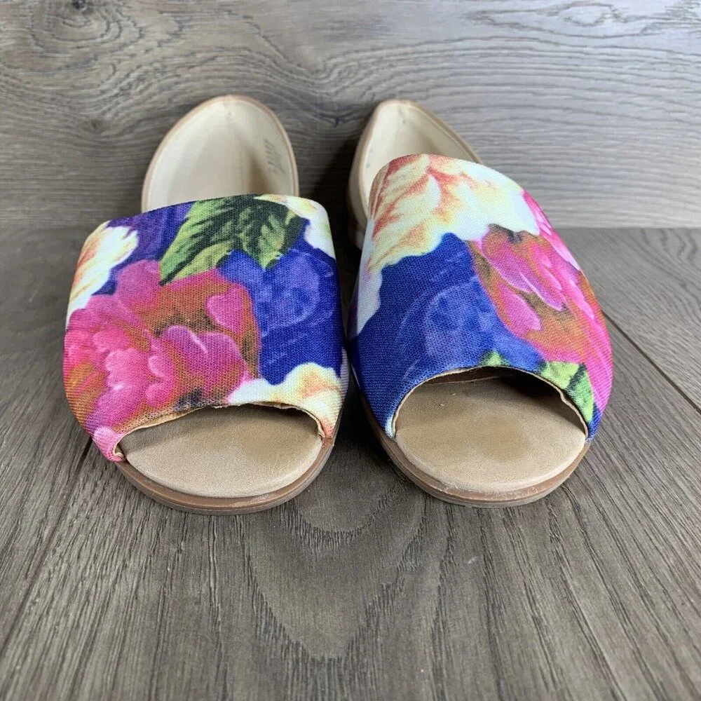 BC Vegan Dress Flat Shoes Women's 7.5 Slip-on Open Toe Floral Print All Man Made - Picture 2 of 16